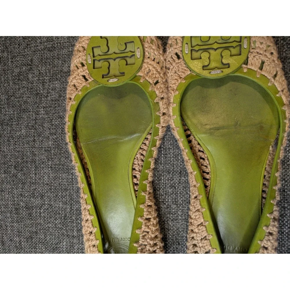 Tory Burch Flats Leather Sole Slip On Shoes Green Beige Knit Women's Size 8M